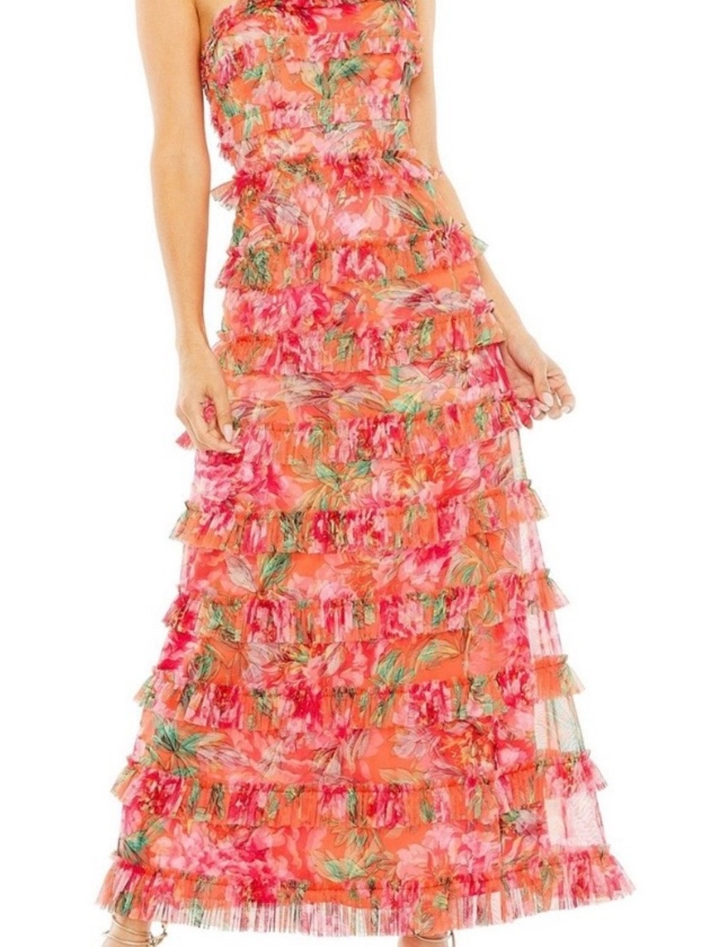 Mac Duggal Strapless Floral Tiered Ruffle Maxi Dress in Coral and Pink - Picture 2 of 16